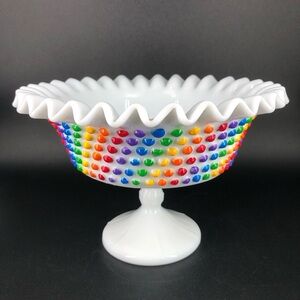 Vintage Fenton HandPainted Rainbow Hobnail Milk Glass Footed Pedestal Candy Dish